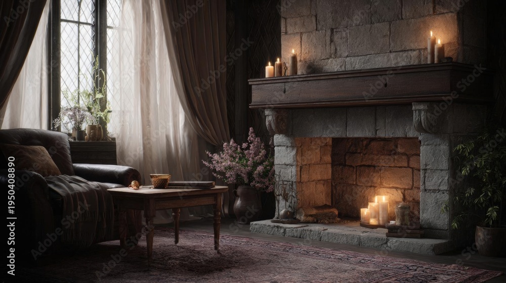 Fototapeta premium Cozy living room with a stone fireplace. the fireplace is made of stone and has a wooden mantel with several lit candles on it.