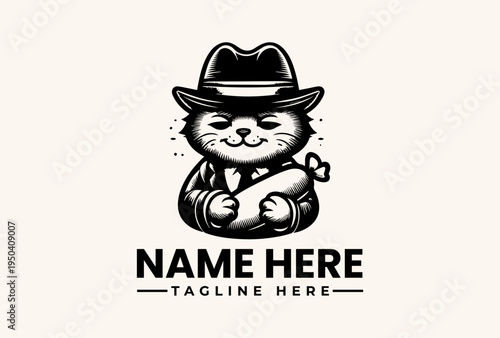 A black and white illustration of a cat wearing a hat and holding a cigar with a logo template on a beige background.