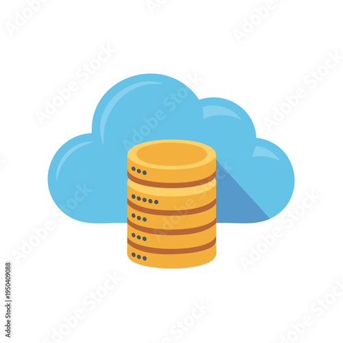 Cloud storage server database illustration with gold disk stack