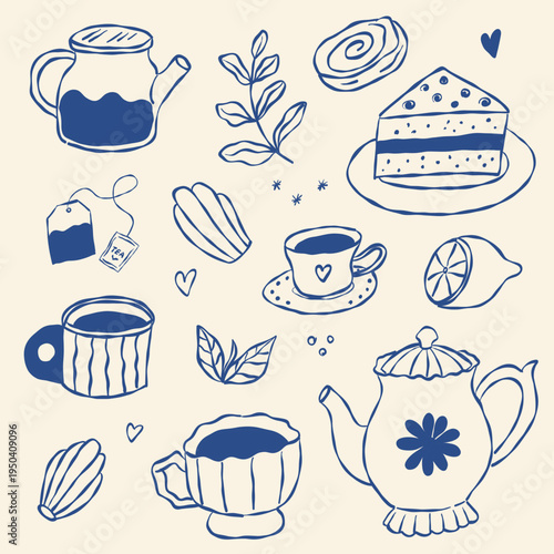 Artistic line art of cozy tea service with decorative elements and warm ambiance