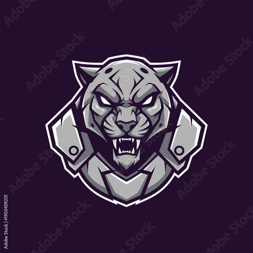 Gray robotic tiger head logo.