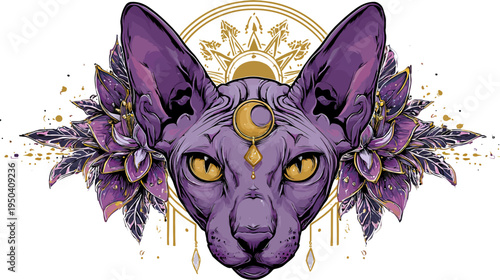 A vibrant illustration of a Sphynx cat's face with floral accents and a celestial halo