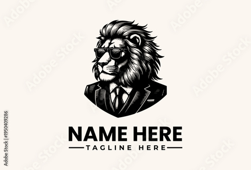 A black and white illustration of a lion's head in a suit and tie, with a placeholder for a name and tagline, against a plain beige background.