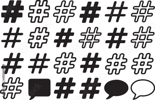 Hashtag bundle 20 designs and speech bubble icons vector set isolated on transparent backgrounds for social media communication