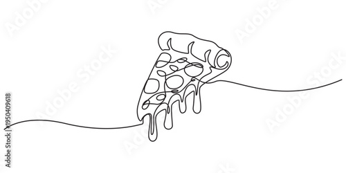 One line Drawing or illustration of slice of pizza with pepperoni and mushrooms, Continuous one line drawing of pizza slice, One line drawing illustration of italian pizza, Fast food, junk food pro.
