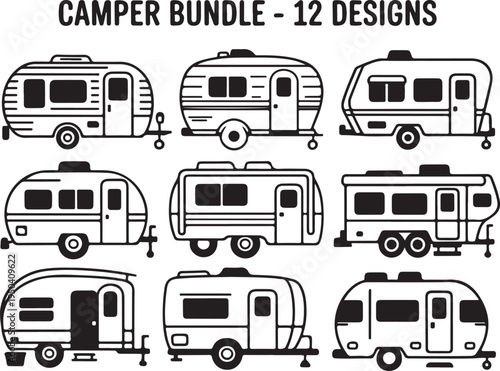 Collection of vintage and modern camper trailers, RVs for travel and outdoor adventures, vector icons