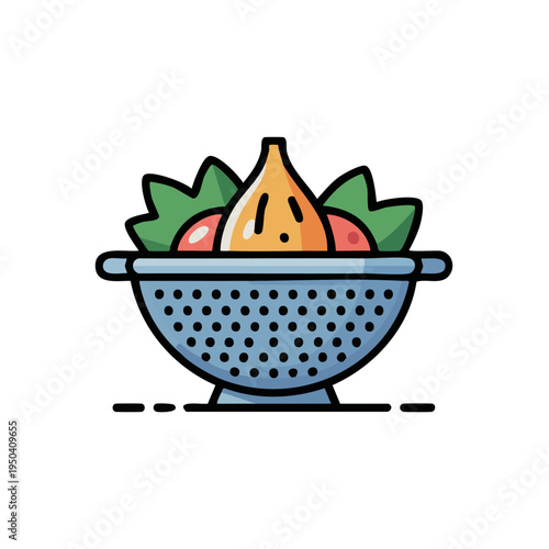 Colorful cartoon illustration of fruit in colander