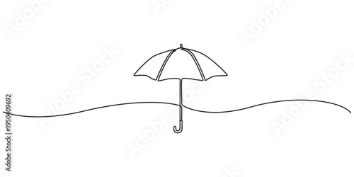 Umbrella Continuous Line Icon, Continuous one line drawing of opened umbrella. Single line drawing illustration of umbrella proction for rain and uv. Summer holiday concept vector art. Doodle line