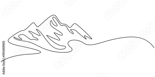 One continuous line drawing of mountain range landscape. Top view of mounts in simple linear style. Adventure winter sports concept isolated on white background. Doodle vector illustration, Mountains.