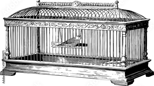 Intricate black and white illustration of a bird in a cage, showcasing elaborate metalwork