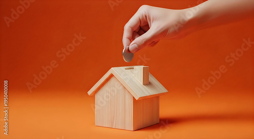 A hand placing a coin into a miniature wooden house model on an orange background.
