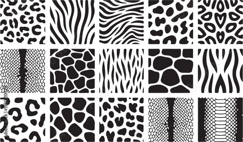 Abstract animal print patterns, including leopard, zebra, and giraffe textures for fashion and textile design