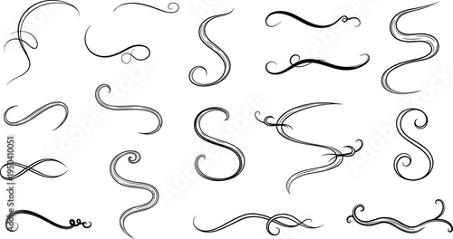 A collection of elegant black calligraphy swirls on transparent background