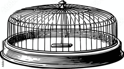 Black and white vintage illustration of a birdcage with intricate bars, details, and a decorative top