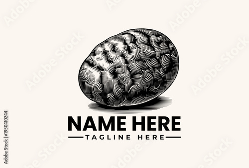 A black and white illustration of a brain with a placeholder logo and tagline on a plain background, featuring a vector icon pictogram.