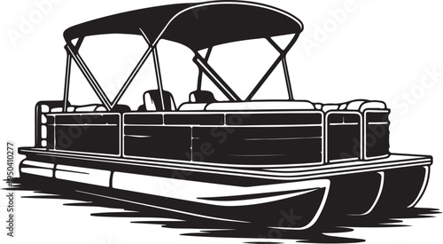 Black pontoon boat silhouette floating on water, spacious vessel for recreation and travel on lakes vector art