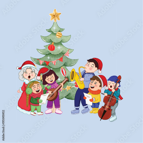 Children choir and musicians singing Christmas carols around a decorated tree, watercolor style illustration.eps