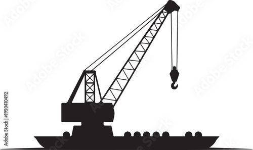 Industrial crane silhouette on a barge, heavy lifting equipment for cargo transportation and port operations