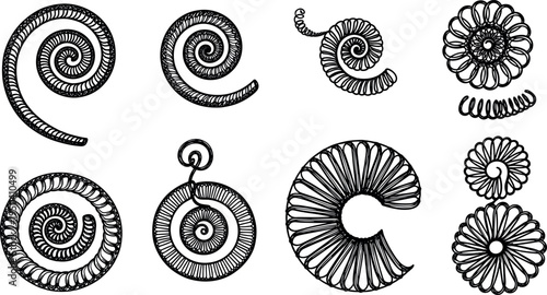 A collection of black and white spiral designs on transparent background