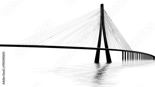 A black and white illustration of a cable-stayed bridge over water. The structure is rendered geometrically