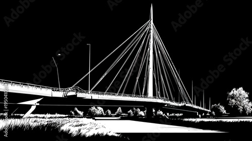 Graphic rendering of a modern cable-stayed bridge with tall pylon and connecting cables