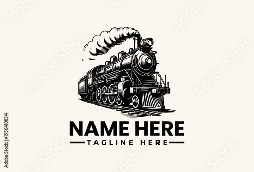 A black and white vector illustration of a vintage steam locomotive with a blank name and tagline on a clean background, featuring a logo and pictogram design.