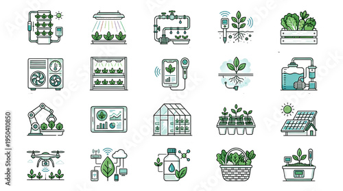 Smart Agriculture and Vertical Farming Icon Set – Hydroponic Tower, LED Grow Light, Automated Irrigation, Soil Sensor Technology Line Vector Collection