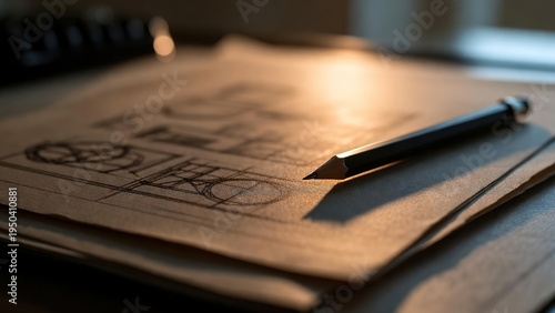 Sharp pencil resting on hand-drawn architectural sketches bathed in warm golden backlight on a desk, evoking creativity and design