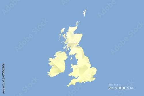 United Kingdom Map in low poly polygon vector style, geometric shape illustration with soft yellow tones on blue background, clean silhouette for infographic.