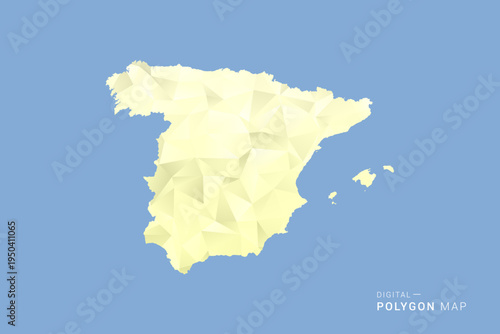 Spain Map in low poly polygon vector style, geometric shape illustration with soft yellow tones on blue background, clean silhouette for infographic.