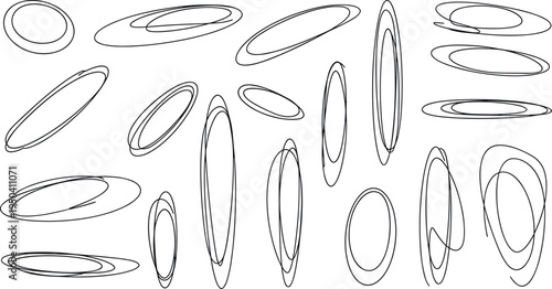 A collection of various black elliptical line shapes on transparent background