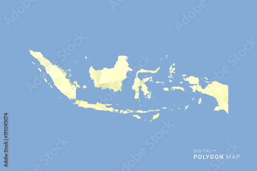 Indonesia Map in low poly polygon vector style, geometric shape illustration with soft yellow tones on blue background, clean silhouette for infographic.