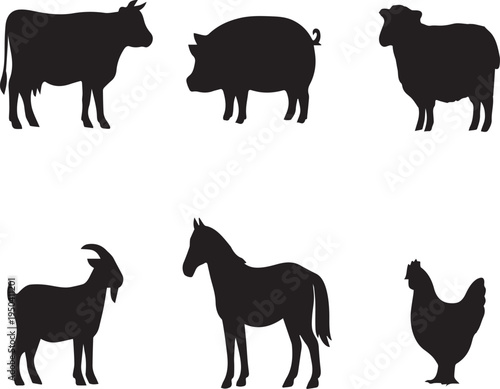 Black Farm Animal Silhouettes Chicken Goat Pig and Horse Rustic Rural Livestock Icons high resolution photo