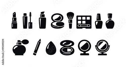 Collection of black cosmetic icons on a white background, representing beauty products
