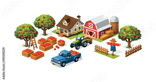 Cartoon farm scene with apple harvest, tractor, barn, and scarecrow