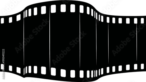 Stylized illustration of a curved filmstrip with rectangular perforations and dark frames