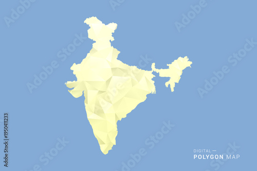 India Map in low poly polygon vector style, geometric shape illustration with soft yellow tones on blue background, clean silhouette for infographic.