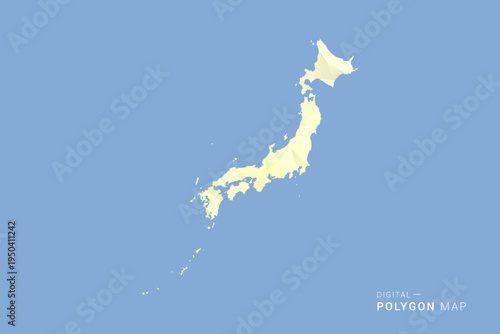 Japan Map in low poly polygon vector style, geometric shape illustration with soft yellow tones on blue background, clean silhouette for infographic.
