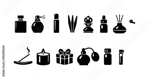 Collection of fragrance and aromatherapy icons including perfume bottles, incense, and candles
