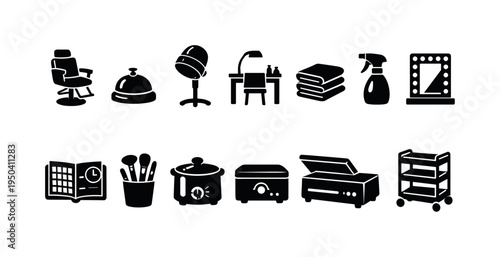Collection of beauty salon and spa equipment icons in black and white silhouette