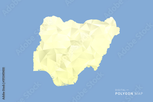 Nigeria Map in low poly polygon vector style, geometric shape illustration with soft yellow tones on blue background, clean silhouette for infographic.