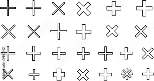 A collection of plus and times signs on transparent background