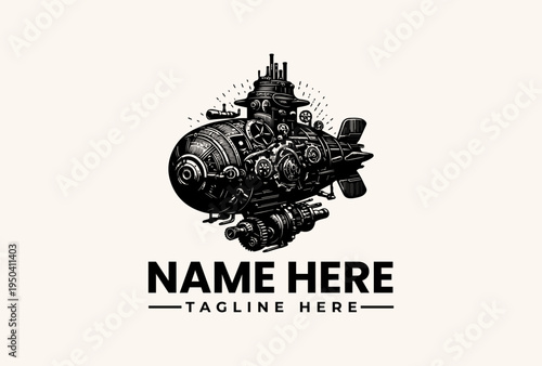A black and white illustration of a steampunk-style submarine with a placeholder name and tagline on a clean white background.