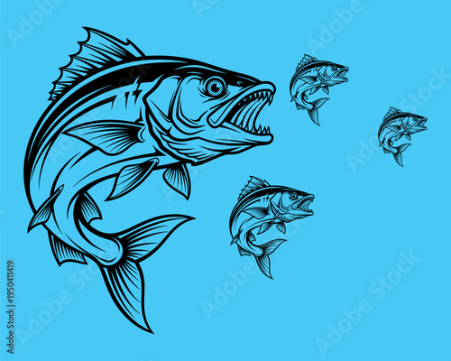 Vector illustration of a large predatory fish chasing smaller fish on a blue background.