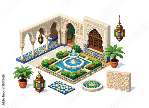 Isometric view of a beautiful Moroccan courtyard with a fountain and intricate architectural details