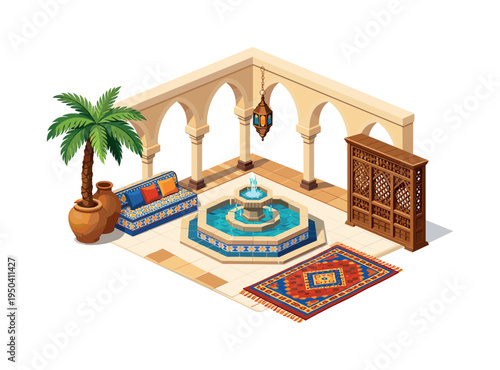 Isometric view of a tranquil Moroccan courtyard with a fountain, sofa, and palm tree