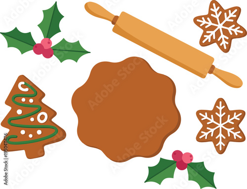 Christmas gingerbread cookies baking set with rolling pin dough holly berries snowflake tree isolated flat lay