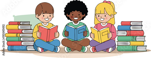 A happy family with a young son and daughter enjoys reading a book together in this colorful vector illustration of a mother and father teaching their children