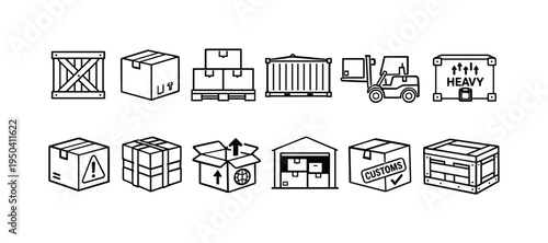 Set of icons representing various shipping and logistics elements like boxes, crates, and forklifts