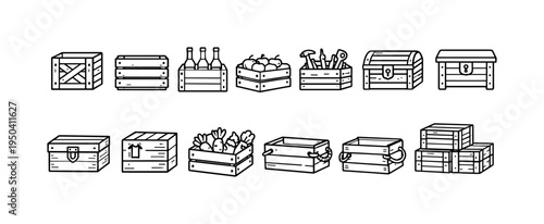 Collection of various wooden crates and chests in a simple line art style